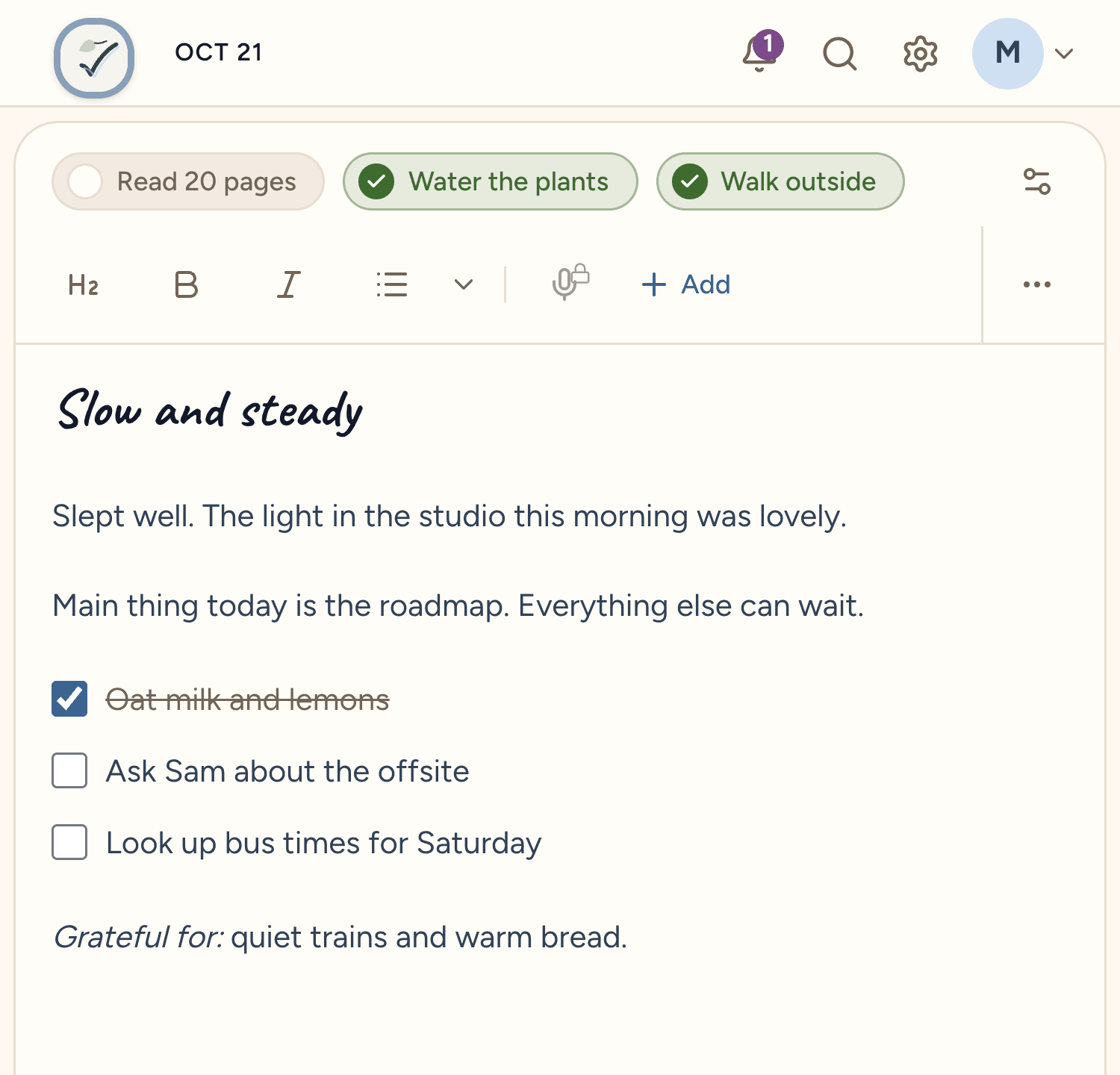 Today's daily checks above the note, two of them ticked