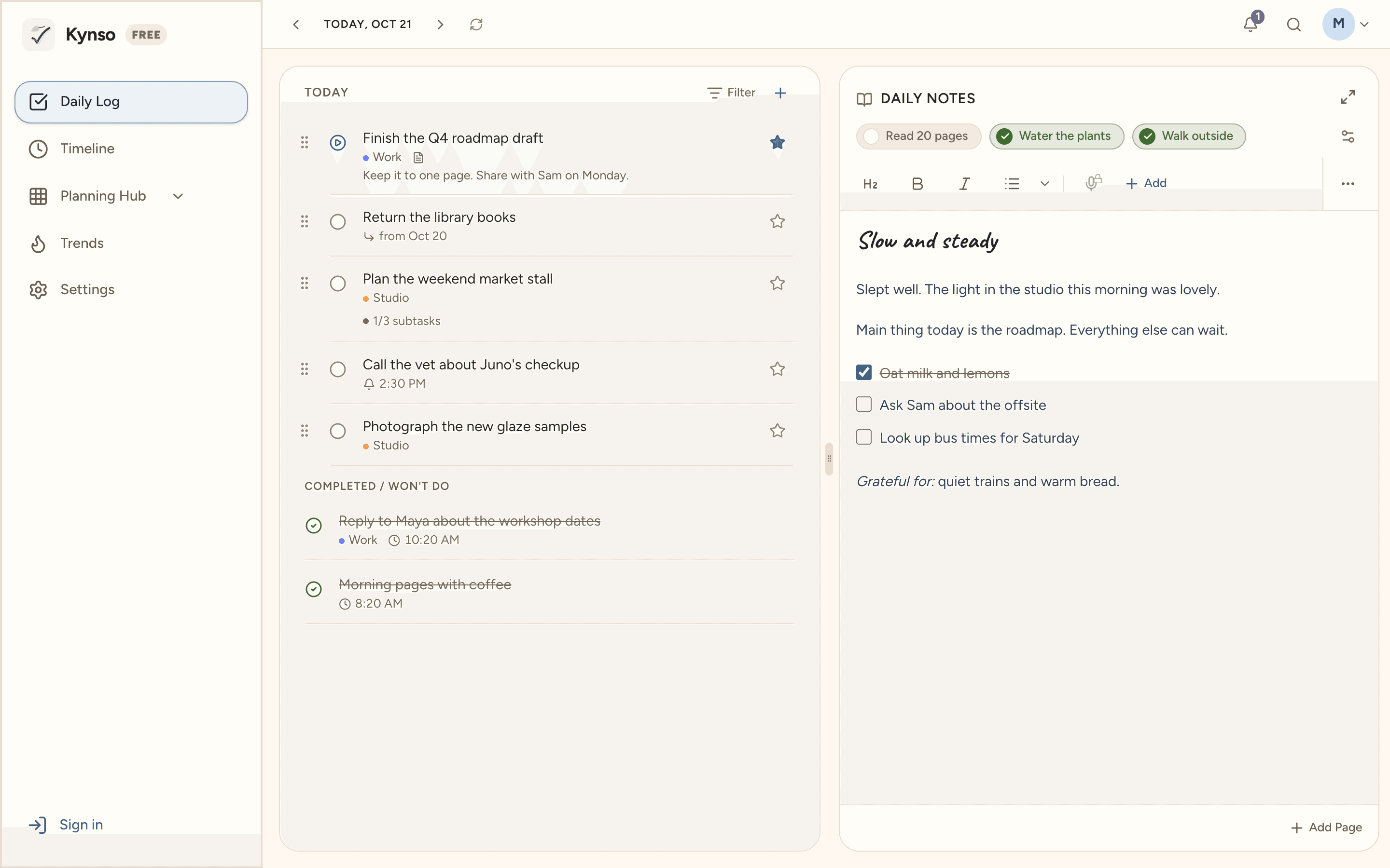 Kynso on a computer: today's tasks beside a daily note, with the day's checks above it