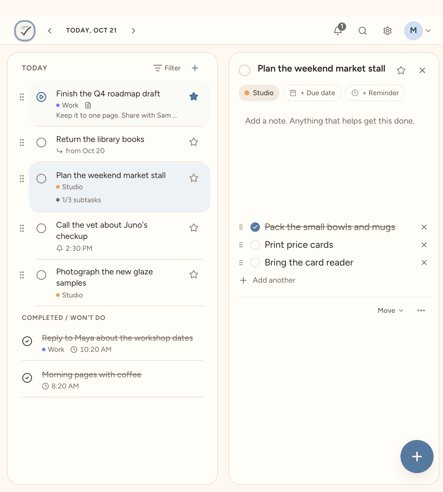Kynso unfolded on a Galaxy Fold: the task list with one task open beside it
