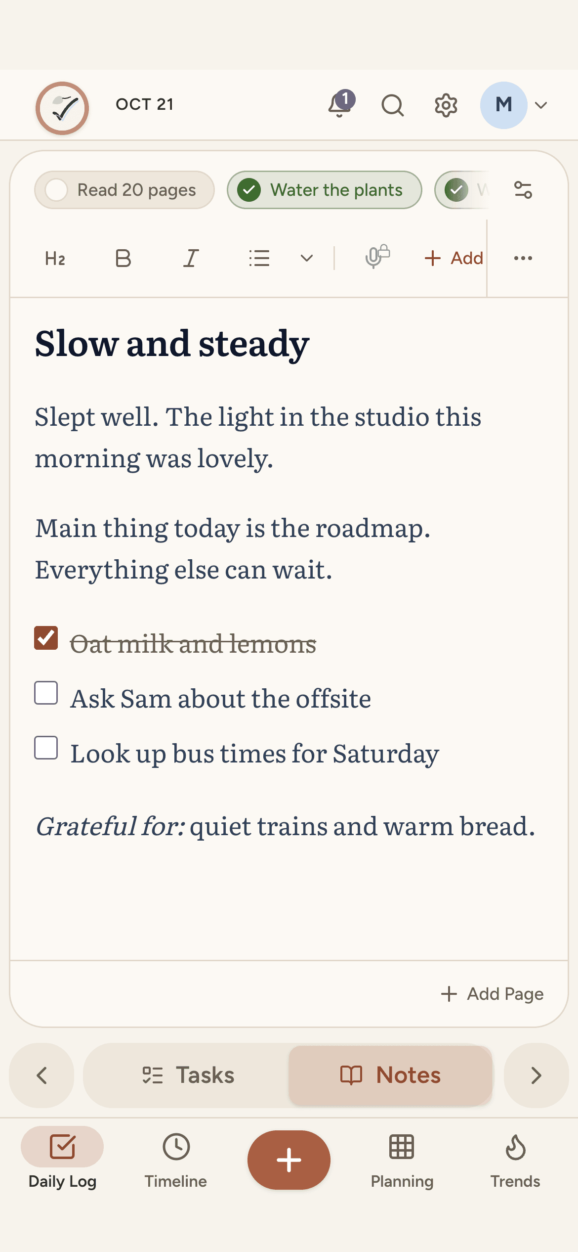 A daily note in the Linen look, set in a book typeface