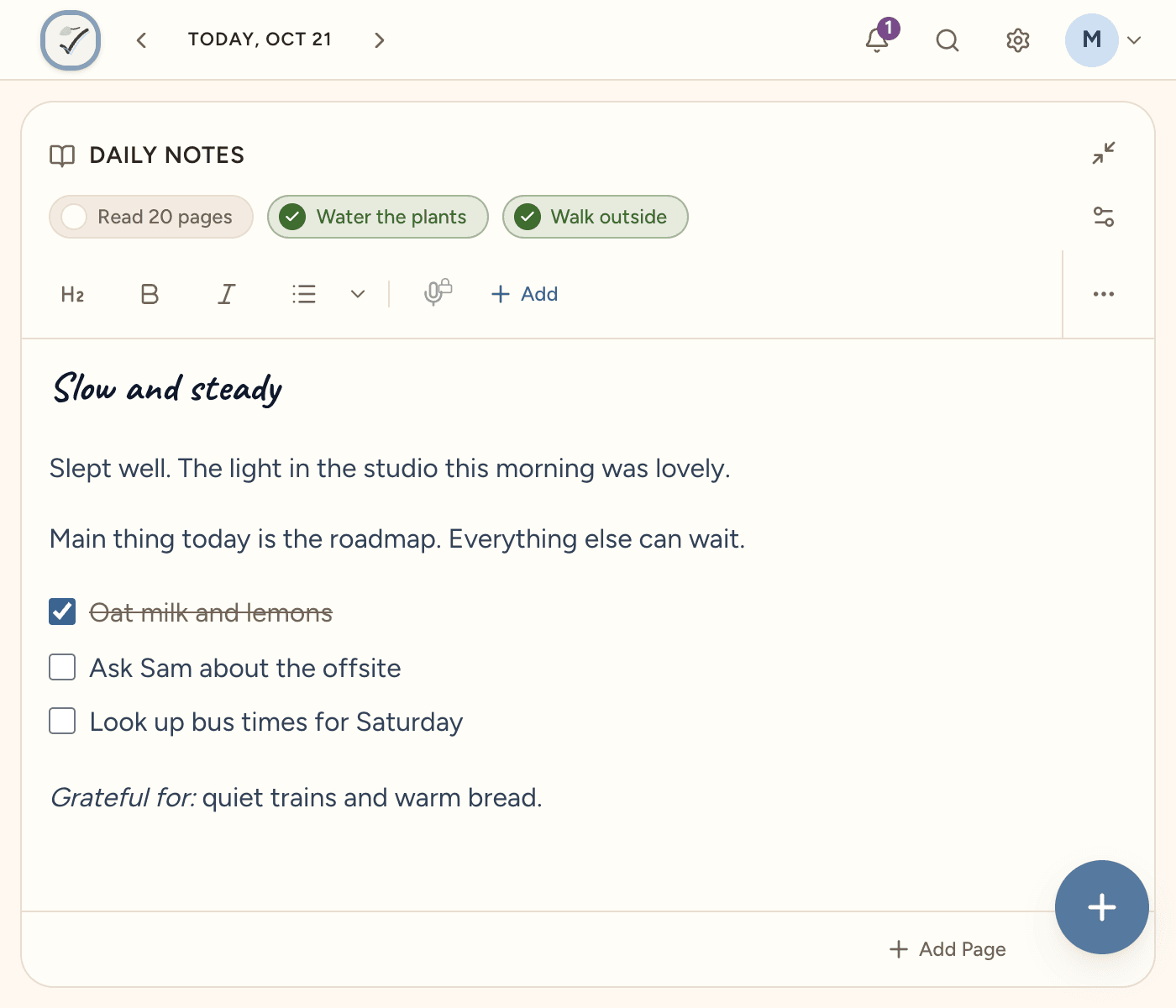 A day's note given the whole window: a short entry, a checklist and a line of gratitude