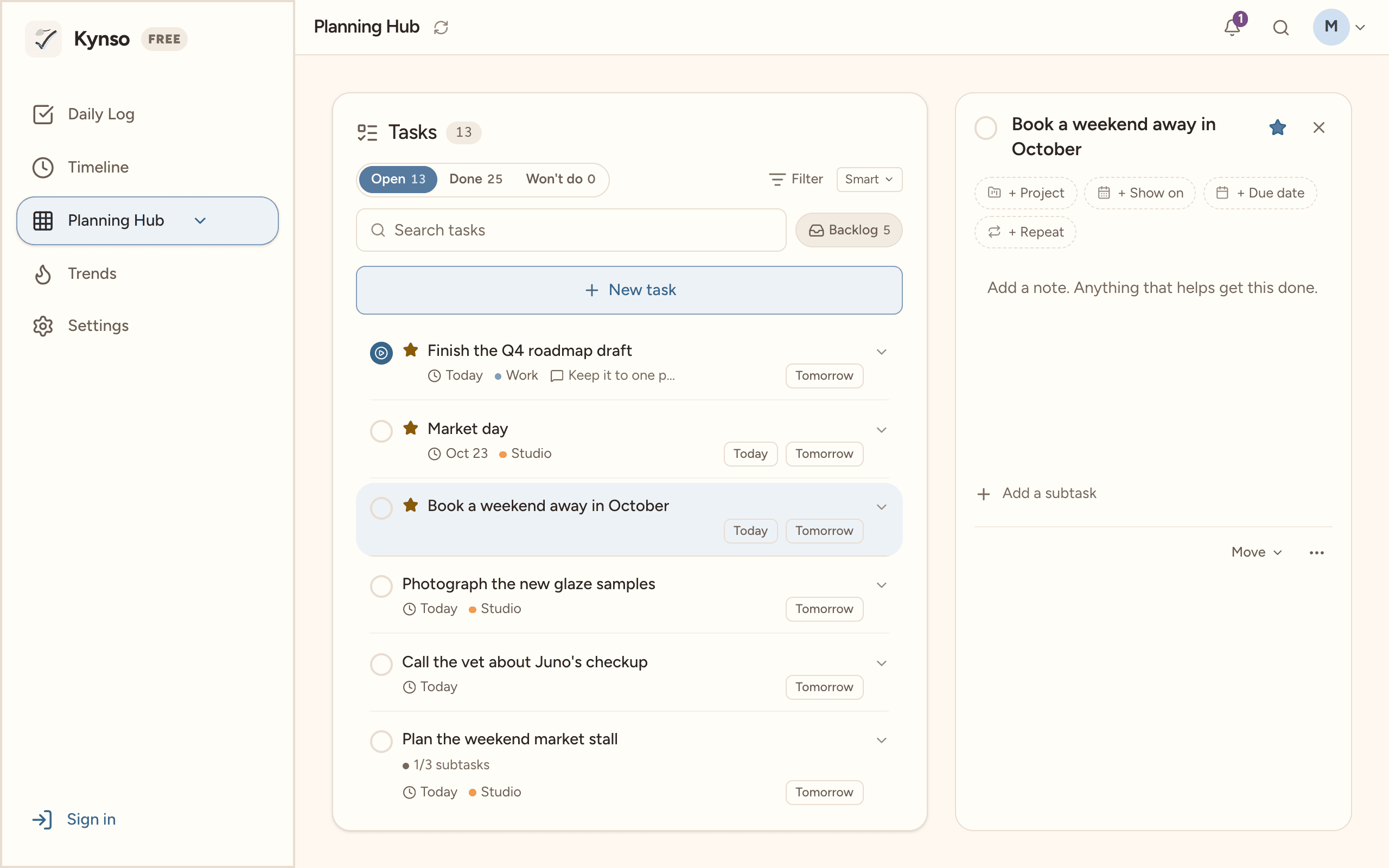 The Planning Hub: open tasks with dates and projects, and one task open beside the list