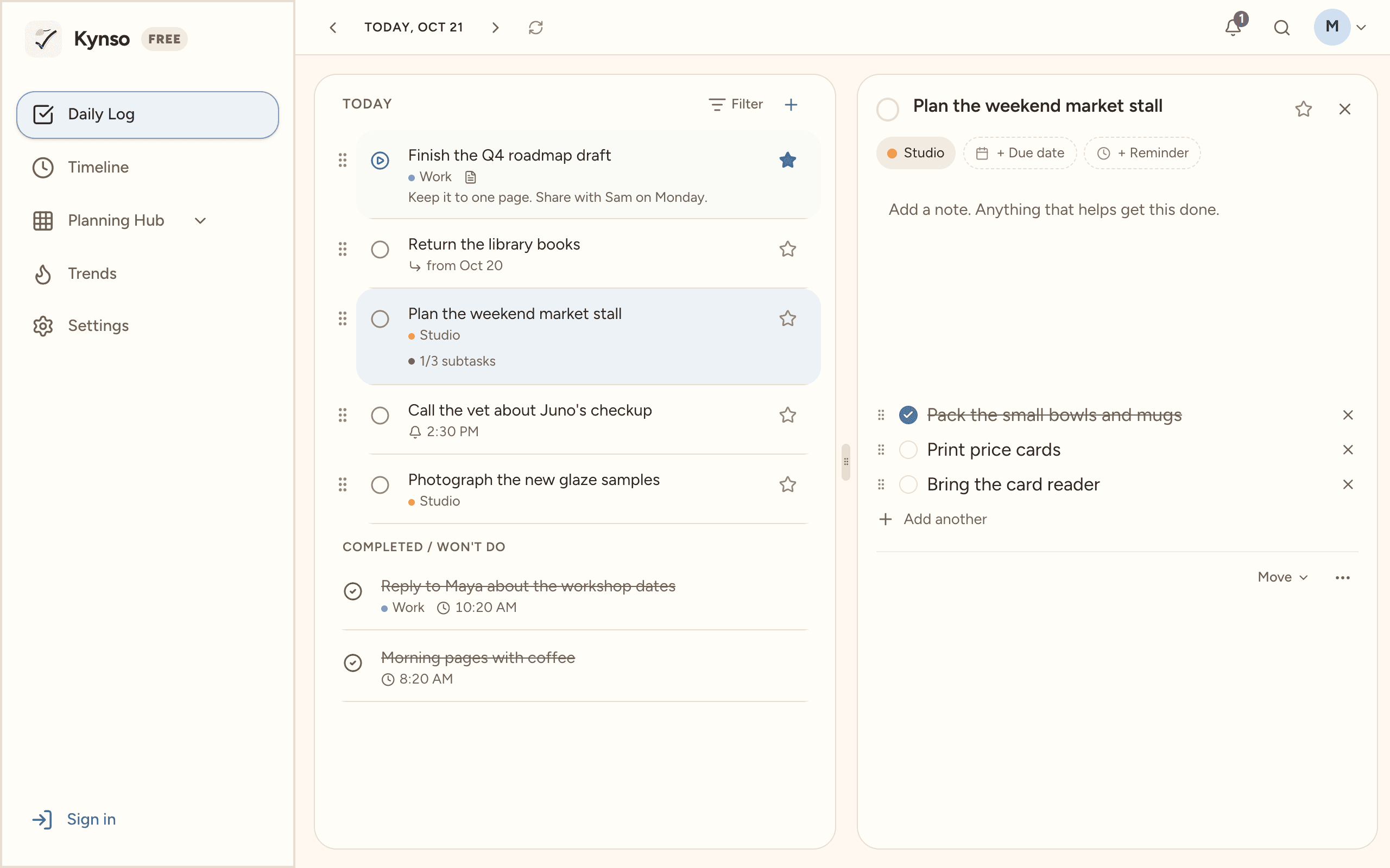 A task open beside the day's list, with its project, subtasks and settings